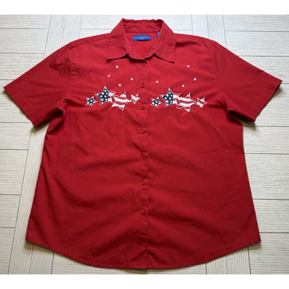 Karen Scott Sport Sz M Red White Blue Stars Patriotic Short Sleeve Casual Shirt